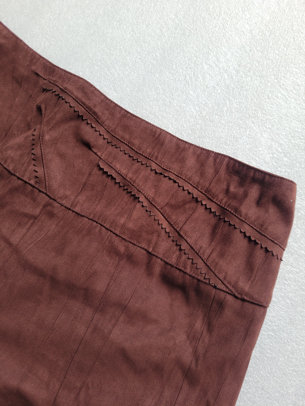 Vintage Faux Suede A-line Midi Skirt Gored Flared Chocolate Brown Size 10 - Picture 7 of 13